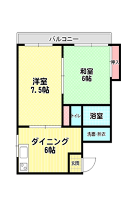 洋室7.5帖+和室6帖+ダイニング6帖+クローゼット+バルコニー+トイレ+浴室+洗面所